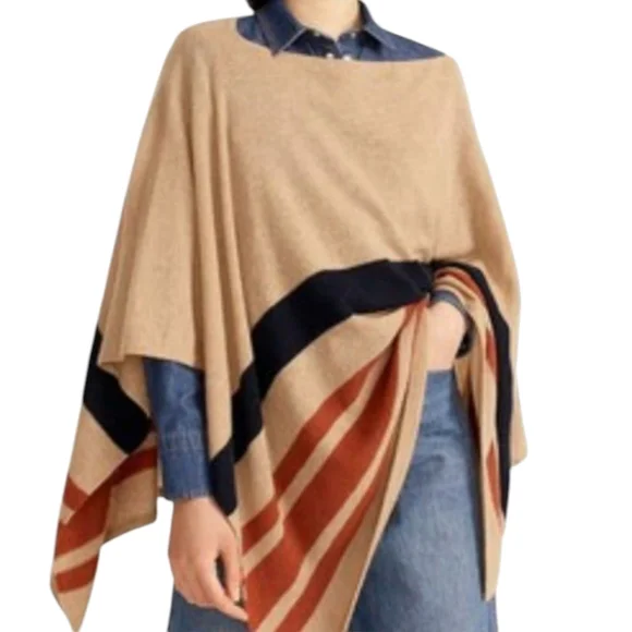 J. Crew Tan Cashmere-blend popover Boatneck Soft Striped poncho OS - Picture 8 of 9